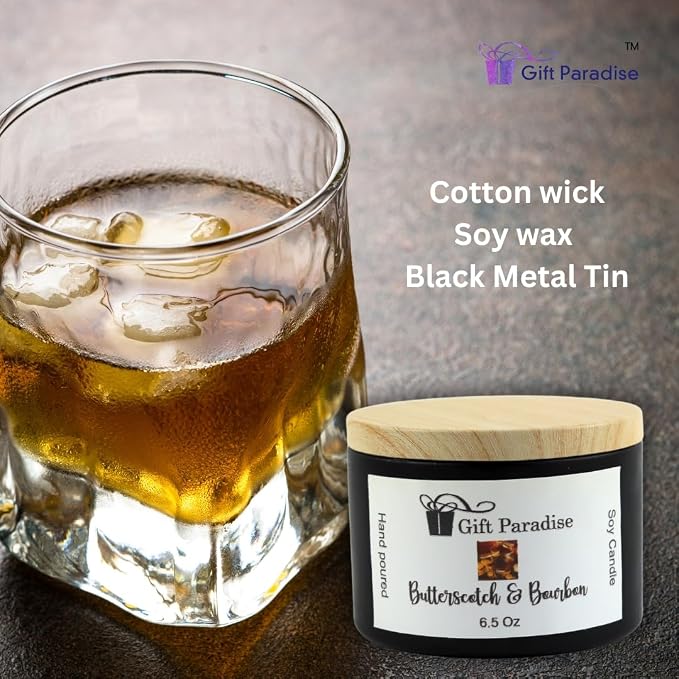 Gift Paradise® Butterscotch & Bourbon Soy Wax Candle – 6.5 oz Black Metal Tin with Cotton Wick | Sweet & Smoky Long-Lasting Home Fragrance | Hand-Poured, Non-Toxic Scented Candle