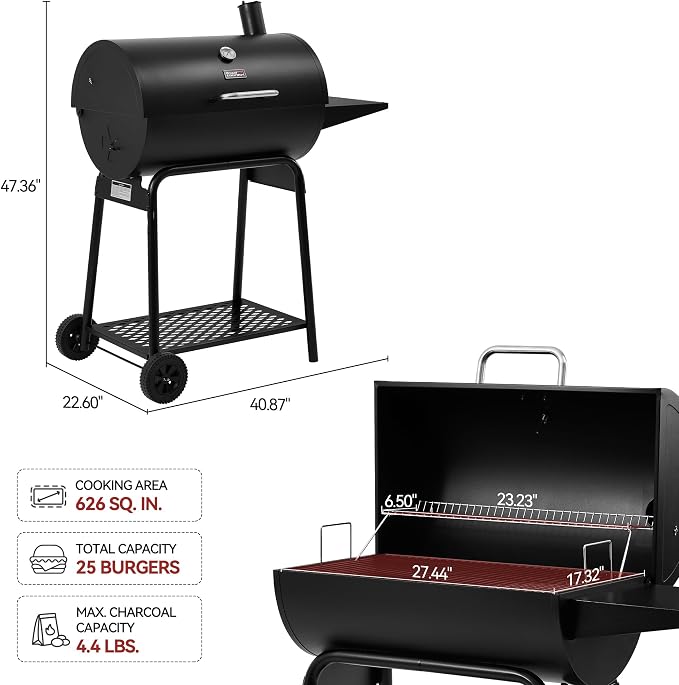 Royal Gourmet CC1830 28 Inch Barrel Charcoal Grill with Warming Rack | Outdoor BBQ Grill with 626 Sq. In. Grilling Space, Side Shelf, for Backyard, Patio and Parties, Black