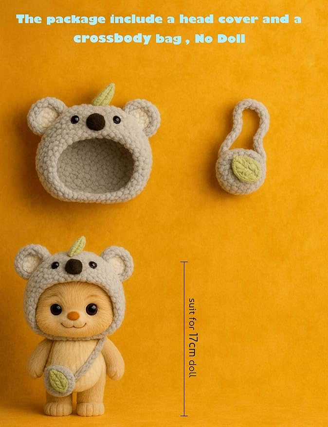 17cm Doll Clothes Outfit (No Doll), Stylish Cute Plush Doll Clothes with Designer Accessories, Clothes for 17cm Dolls, Gray Koala Style