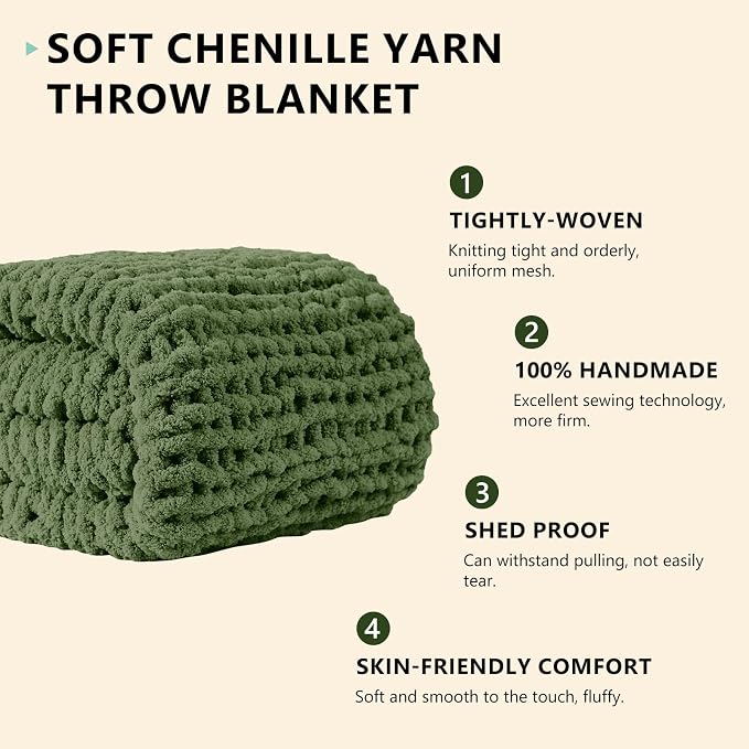 L'AGRATY Chunky Knit Throw Blanket for Couch, 50 x 60 Inches, Moss Green | Handmade Chenille Crochet Blanket for Sofa Bed, Thick Cable Knitted Blankets for Room Home Decor, Birthday Gift for Women Mom