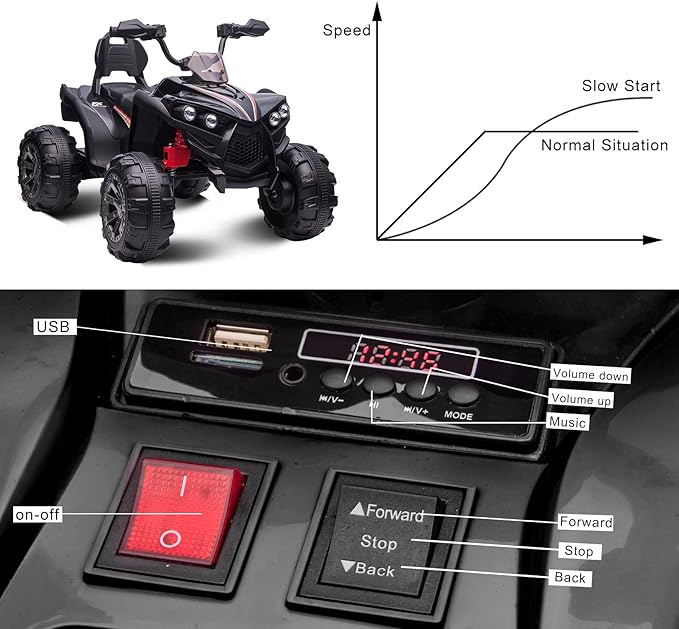 OTTARO Ride on ATV 2 Seater, 12V 4 Wheeler Electric Quad for Kids 3-8 w/ 17" Length Seat, LED Lights, 2 Speeds, Soft Braking, Rear Pedal & Backrest (Black)