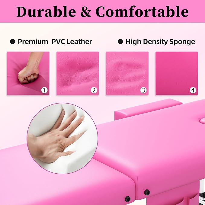 civama Massage Table Massage Bed Portable, 26 LBs Light Weight Foldable Tattoo Facial Care Spa Lash Bed Aluminum Frame with Accessories Carrying Bag, Pink