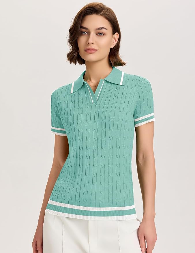 Micoson Womens Short Sleeve Sweater Tops Lapel V Neck Polo Shirts 2026 | Summer Cable Knit Loose Blouses, Business Casual Outfits