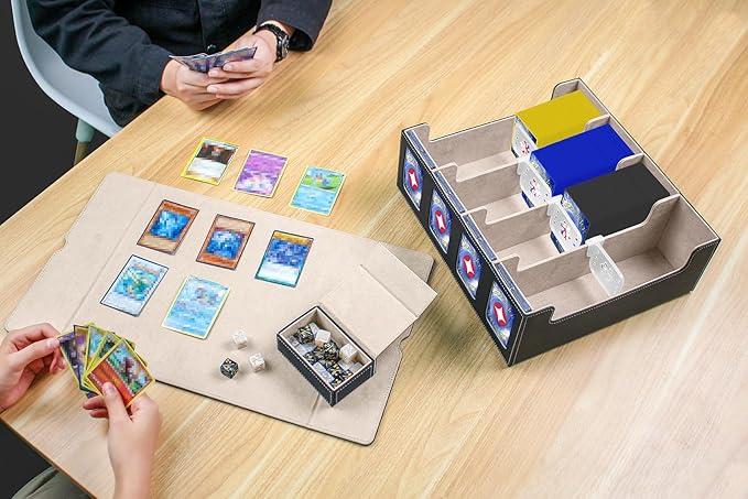 GEAoffice Trading Card Storage Box with Commander Display, 3200+ Card Deck Case with Magnetic Removable Lid, 4-Row Deck Box for MTG/TCG/Sports/Games, 10 Stoppers, 24 Dividers, 1 Dice Tray, Black Grey