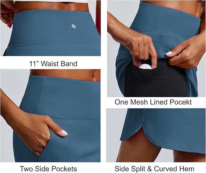 PINSPARK 18" Skorts for Woman Above Knee Length Golf Skirts 3 Pockets | High Waist, Built in Shorts, UV Protection, 4-Way Stretch, Soft, Dolphin Hem, Athletic, Tennis, Pickleabll, Casual