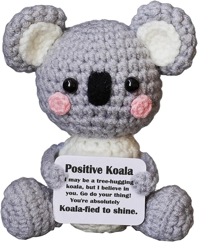 Koala Gifts, Crochet Positive Support Koala– Handmade Emotional Cheer Support Funny Gifts for Friend Coworker Birthday Christmas Stocking Stuffer White Elephant Under 10 Dollars