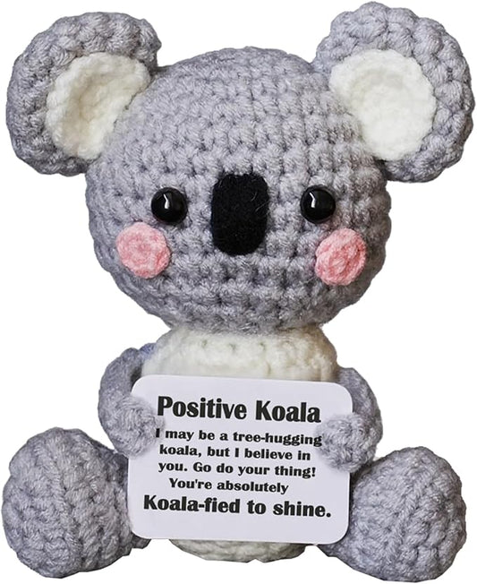 Koala Gifts, Crochet Positive Support Koala– Handmade Emotional Cheer Support Funny Gifts for Friend Coworker Birthday Christmas Stocking Stuffer White Elephant Under 10 Dollars
