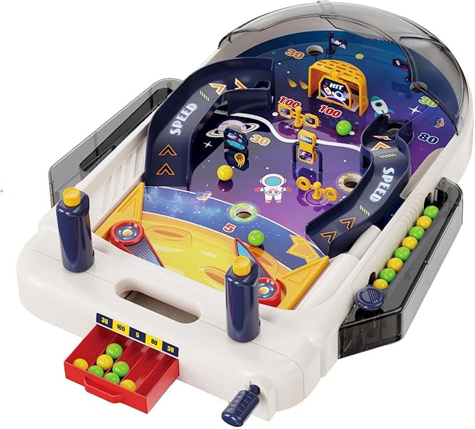 Tabletop Pinball Machine — Space Board Game with Obstacles, Pull-Rod Launcher, Two-Hand Controls, Ball Storage Tray, 1-2 Player Arcade Games for Kids Ages 3+