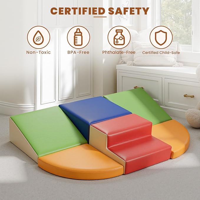 Foam Climbing Blocks for Toddlers: 6-Piece Soft Play Set - PU Leather Climbing and Crawling Toys - Indoor Baby Learning Gym - Kids Play Structure for Birthday Gift