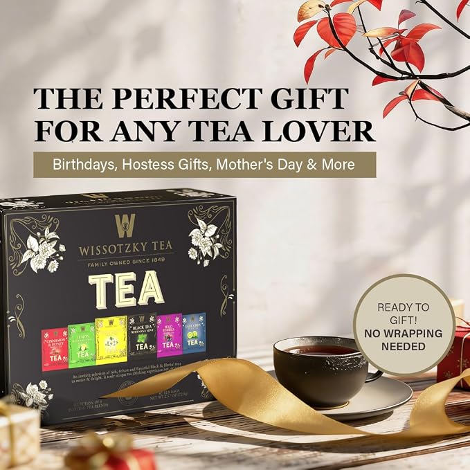 Wissotzky Artisanal Tea Chest Box, Assorted Flavors of Black & Herbal Tea Bags (42 Tea Bags) 6 Flavors | Mothers Day Gift | Tea Sampler Variety Pack | Tea Gift Set | Individually Wrapped | Corporate & Holiday Gifts | Certified Kosher