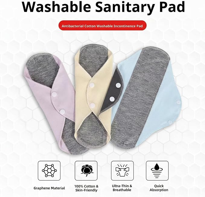 Graphene Reusable Incontinence Pads (6 Pack) - Washable Cloth Menstrual Pads for Heavy Flow, Leakproof Overnight Postpartum Pads for Women & Elderly, Odor Control & High Absorbency (Assorted Colors)
