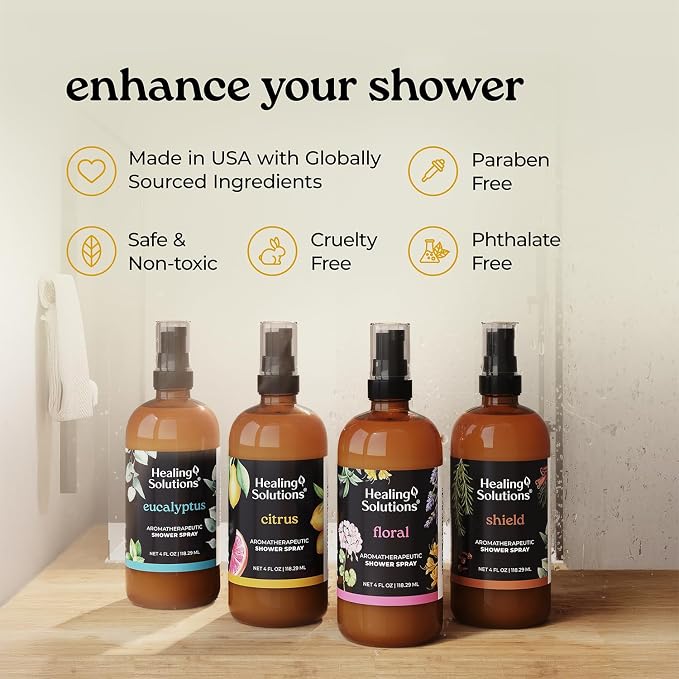 Healing Solutions Aromatherapy Shower Spray, Citrus, 4oz, Therapeutic Grade Essential Oils, Made in the USA, At Home Spa Experience (4oz, Citrus)