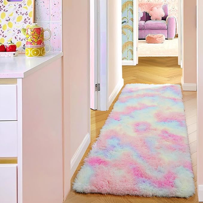 PAGISOFE Rainbow Runner Rugs for Girls Bedroom Plush Fluffy Hallway Rug 2x6 Ft,Kawaii Vibrant Carpet for Living Room, Non-Slip Indoor Princess Rugs for Nursery Kids Girls Room Home Decor Cute Colorful