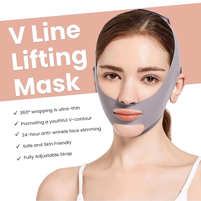 V Line Lifting Mask with 7-Pair Under Eye Patches for Puffy Eyes and Dark Circles – Spandex Face Lift Tape Jawline Shaper with 24K Gold Eye Patches – Luxurious Chin Lifting Mask