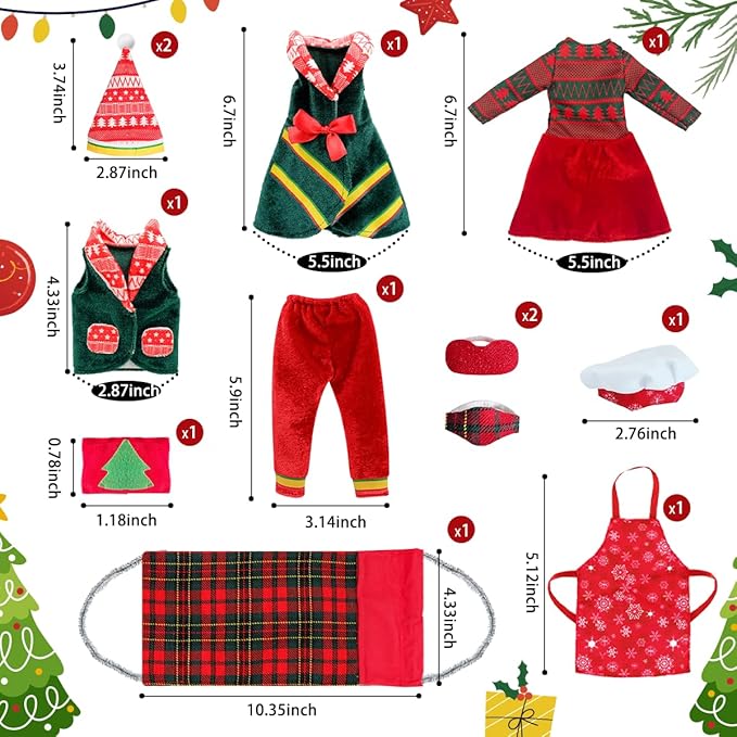 Christmas Doll Clothes & Accessories Kit, 12PCS Retro Christmas Style Vest, Skirt, Hammock, Chef Hat, Apron, Eye Mask – Festive Girl Boy Doll Clothes for Kids Xmas Party Decor