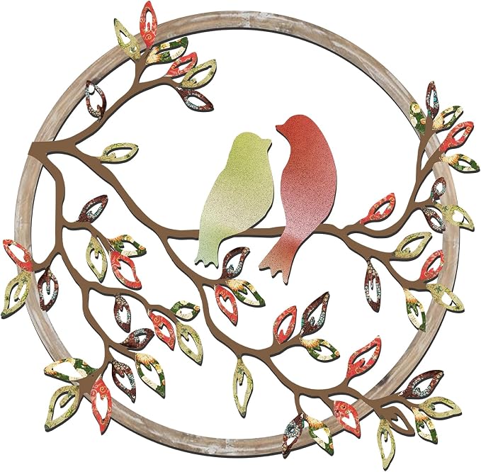 Ferraycle Metal Wall Art Bird on Tree Branch Silhouette Bird Hanging Ornament Porch Wall Decor for Living Room Outdoor Garden Bedroom Office Housewarming Party Decoration(Elegant Color)