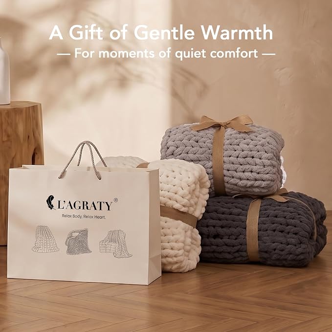 L'AGRATY Chunky Knit Throw Blanket for Couch, 50 x 70 Inches, Light Taupe | Handmade Chenille Crochet Blanket for Sofa Bed, Thick Cable Knitted Blankets for Room Home Decor, Birthday Gift for Women Mom