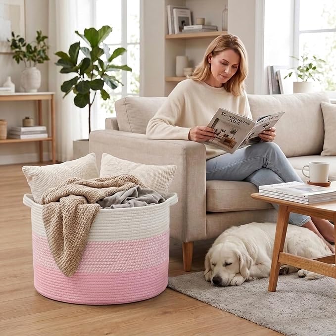 90L Extra Large Blanket Basket,Woven Rope Laundry Basket-Mixed Pink | Collapsible, reinforced handles, nursery storage bin organizes clothes, toys and pillows for living room, bedroom bathroom
