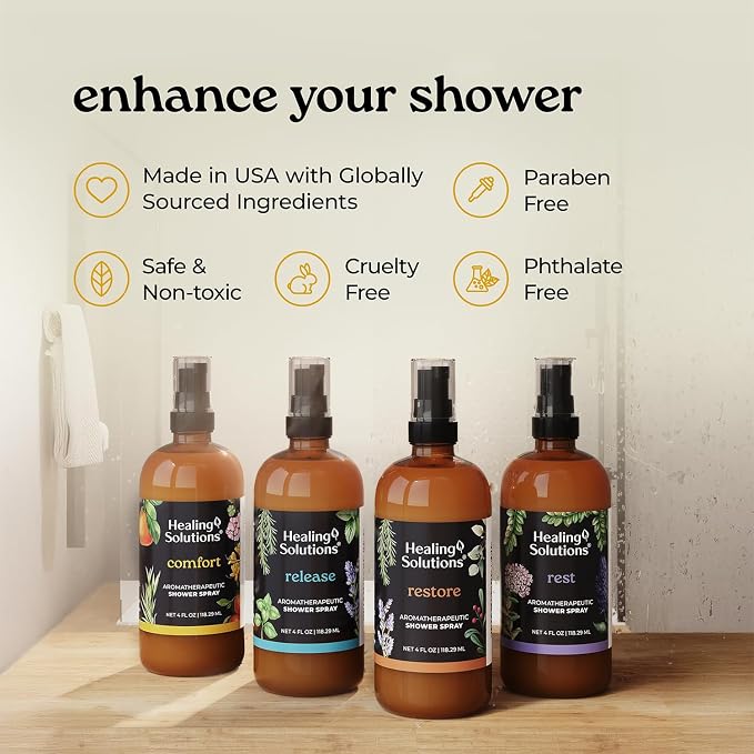 Healing Solutions Aromatherapy Shower Spray, Comfort Blend, 4oz, Made in the USA, At Home Spa Experience, Promotes Emotional Calm (4oz, Comfort)