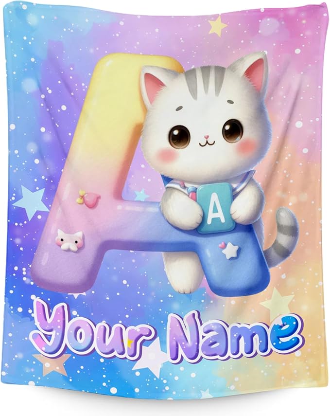 Custom Kids Blanket with Name, Cat Blankets Gifts for Girls Boys, Personalized Initial Throw for Daughter Son, 40"x50" Throws Monogram Gift for Couch, Sofa