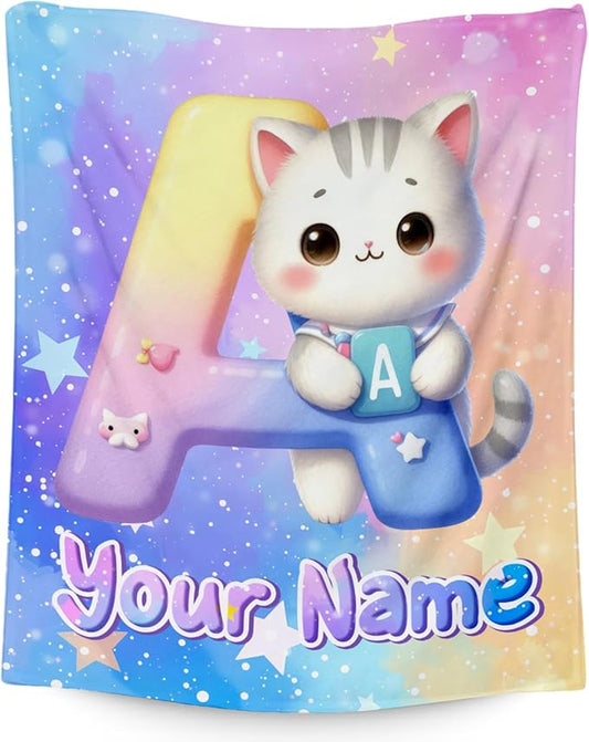 Custom Kids Blanket with Name, Cat Blankets Gifts for Girls Boys, Personalized Initial Throw for Daughter Son, 30"x40" Throws Monogram Gift for Couch, Office
