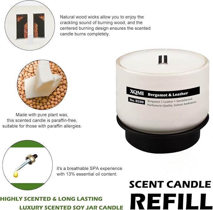 Smart Scented Candle Replaceable Refill with smart chip, Bergamot & Leather, 4.25oz Large Jar with up to 35 Hour Burn, Giftable