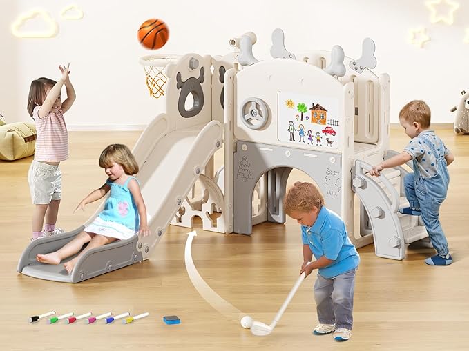 Toddler Slide, 10 in 1 Toddler Playset - Upgrade with Kids Slide, Drawing Board, Golf Set, Basketball Hoop and Storage Space for Age 1-3, Indoor and Outdoor Playground