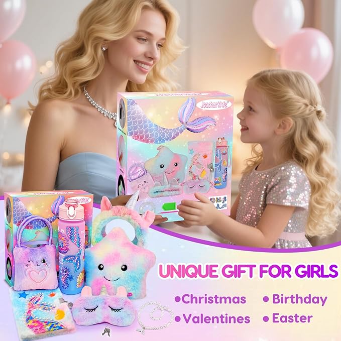 Mermaid Gifts for Girls Age 4-6 6-8, Surprise Toys for Girls Ages 6-7 8-10 with Light Up Star Pillow, Diary, Unicorn Headband & Sleep Mask, Birthday Gifts for 4 5 6 7 8 9 10 Year Old Girl Xmas Gift