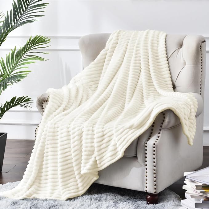 BEDELITE Ribbed Jacquard Cream Fleece Throw Blanket for Couch, 50x60 Inch | Soft Warm Decorative Fluffy Blanket, Cozy Plush Lightweight Fuzzy Throw Blanket for Bed Sofa Home Room Decor, Gift for Women