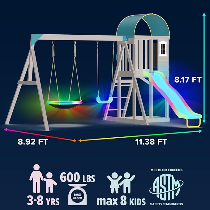 Sportspower Amelia Galaxy Cedar Wooden Swing Set for Night Play with 2 LED Swings, Play Fort with Sandbox, Heavy Duty Double A-Frame, on 6ft LED Slide, Bonus Anchor Kit