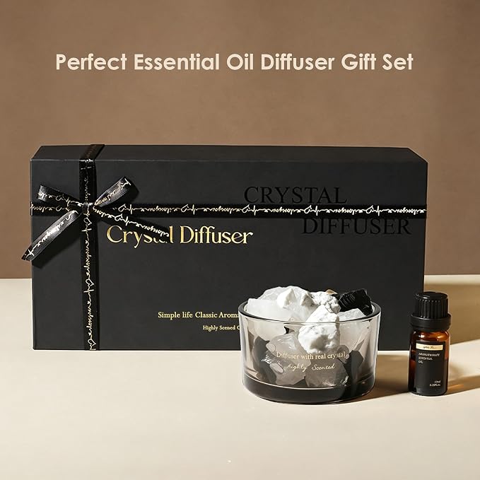 Crystal Stone Aroma Diffuser with Essential Oils for Home, Bathroom, Office, Home Decor & Fragrance 2 in 1, Chic Aromatherapy Gift Set (White Tea Scent)