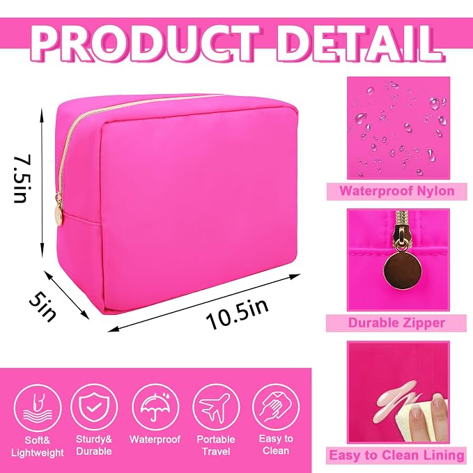 UIXIZQ Large Makeup Bag Pouch,Nylon Women Travel Toiletry Storage Bag Preppy Cosmetic Bag for Girls,Big Makeup Organizer Bag Cute Zipper Pouch Skincare Bag for Sport Work Gift(Large-Bubblegum)