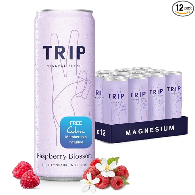 TRIP Lightly Sparkling Adaptogen Drink, Non Alcoholic Drink with Magnesium, Ashwagandha, Lions Mane & L Theanine, No Added Sugar Mocktail, Vegan, Raspberry Blossom, 12 Oz, 12Pk