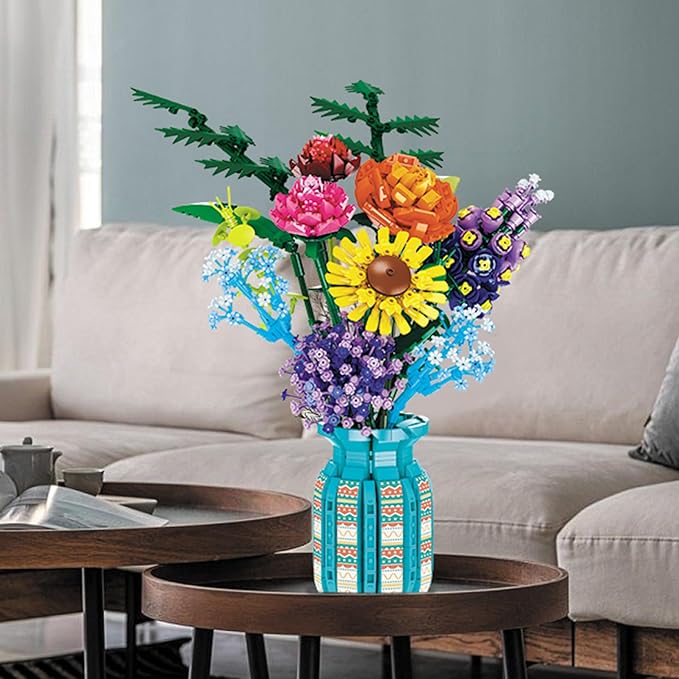 Pashion Sunflower Building Set DIY – 1583 PCS Artificial Flower with Vase, Creative Home Decor & Gift for Women, Adults