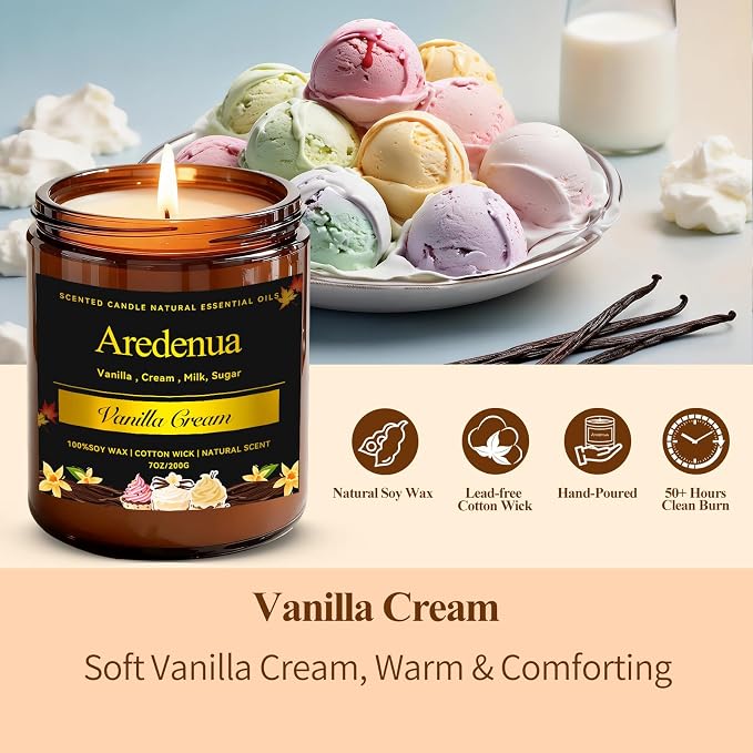 Vanilla Cream Odor Eliminating Candle - Soy Candles for Home Scented - Removing Pet, Kitchen & Bathroom Odors, Fresh Air Scented Candle with Sweet Vanilla Aroma, 50 Hours Long Lasting Burn time