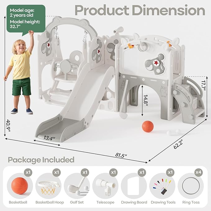Mloong 11 in 1 Toddler Slide and Swing Set, Kids Slide for Toddlers 1-3 Years Old Baby, Indoor Outdoor with Basketball Hoop Drawing Golf for Kids Easy Assembly(Beige & Gray)(82×67×41in)