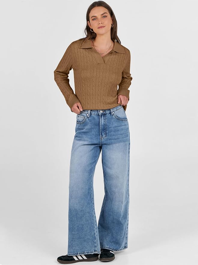 ANRABESS Womens Cable Knit Sweaters Long Sleeve V Neck | Pullover Collared Sweater Tops, Polo Knit Shirts, Business Casual Work, Tennis Golf, Fall Winter Fashion Outfits