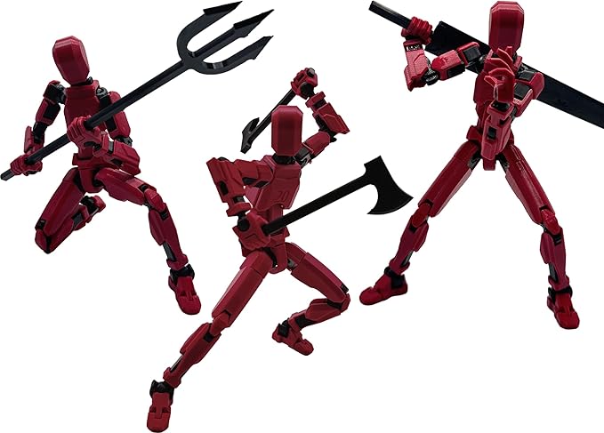 3D Printed Enlarge Body Size 8.1-inch Action Figure Dummy20, Full Body Mechanical Movable Toy, Multiple Accessories, Desk Decoration (Bracket, 3 HandsType, Weapons, Armour) (Red-Black)