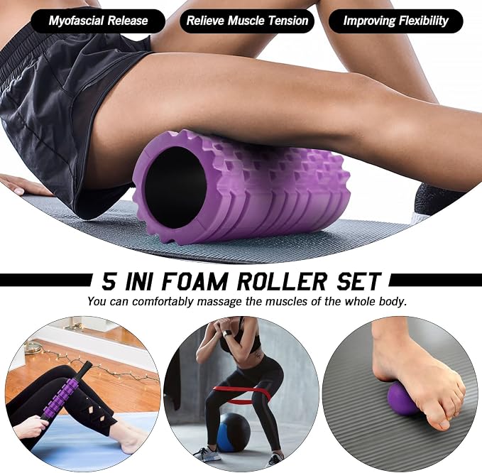 JOYENERGY 5 in 1 Foam Roller Set, Trigger Point Foam Roller Patented, Massage Roller Stick, Massage Ball, Stretching Strap for Deep Tissue Massager for Muscle Pilates Yoga Whole Body