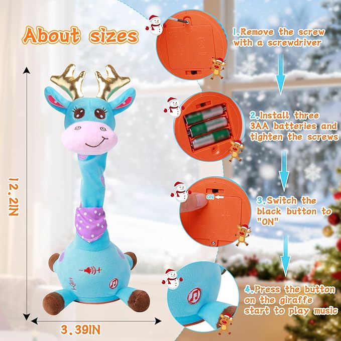 LUKETURE Dancing Talking Singing Blue Giraffe Stuffed Plush with Golden Antlers,Interactive Stuffed Animal Toy, Musical Plush with Record & Repeat, Sings 10 Songs, LED Lights