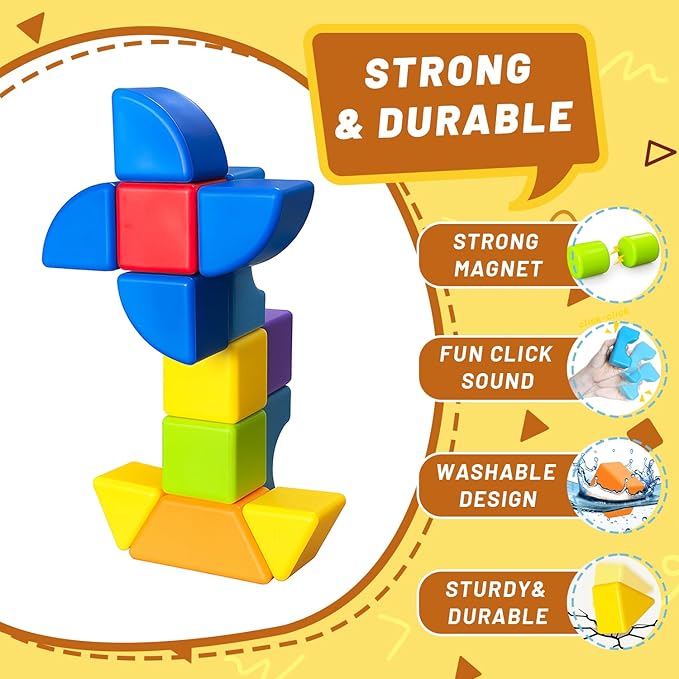 Magnetic Building Blocks, Large Magnetic Stacking Blocks for Toddlers, 1.65 Inch 3D Magnet Cubes & Multiple Shapes, Montessori & Sensory Toys for Kids Ages 1-3 (15PCS)