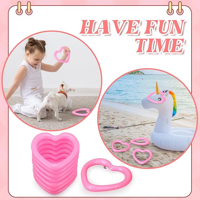 RoundFunny 24 Pcs Valentine‘s Day Heart Shaped Inflatable Ring Toss Pink Heart Plastic Rings for Games Fun Target Toy Toss Games for Party Favor Garden Backyard Outdoor