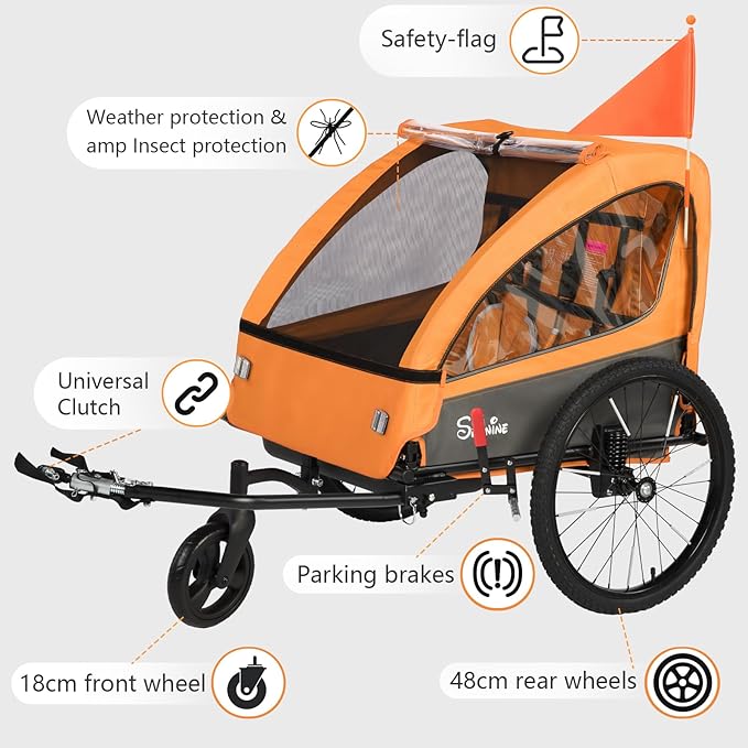 Sepnine 2-in-1 Kids Bike Trailer and Stroller with Suspension – Bike Trailer for 1 to 2 Children, Jogging Function, Foldable, 5-Point Harness, Spacious Storage, with Bug Screen and Weather Shield