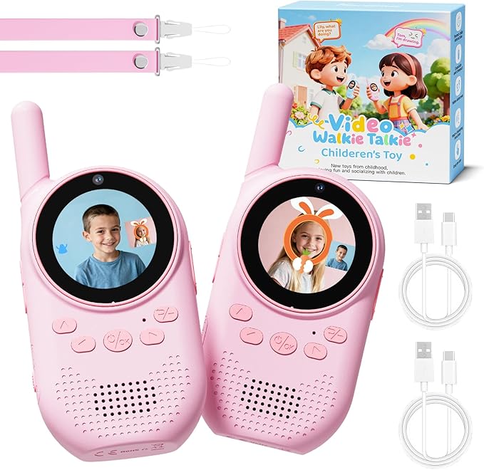 Video Walkie Talkies for Kids, Rechargeable Kids Walkie Talkies with Screen Display & Voice Changer, Outdoor Toys for 3-12 Years Boys Girls Birthday Christmas (Pink/Pink)