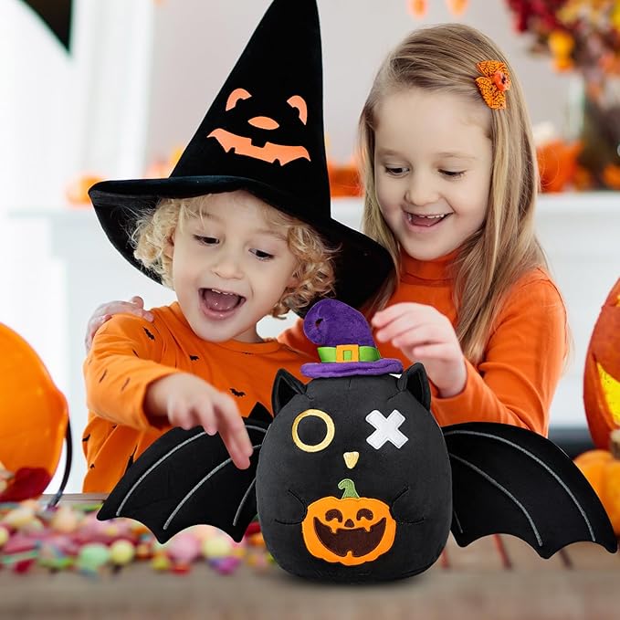 Halloween Black Bat Plush Pillow Toy, 10-inch Super Soft Cute Bat with Big Wings and Pumpkin Stuffed Animals for Kids Adult