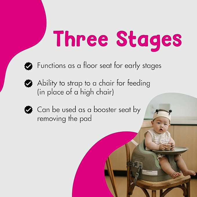 Bumbo 3-in-1 Multi Seat Baby & Toddler Convertible Non-Slip Chair, Breige/Agave - Portable Floor Seat, Booster & High Chair w/Activity Tray and Safety Harness for Infants 6-36 Months