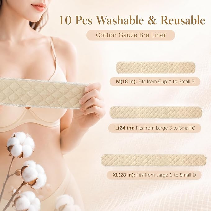 Toulite 10 Pcs Reusable Bra Liners for Sweat, 3 Layer Bra Sweat Pads, Soft Cotton Outer Layer with Polyester Fiber Core