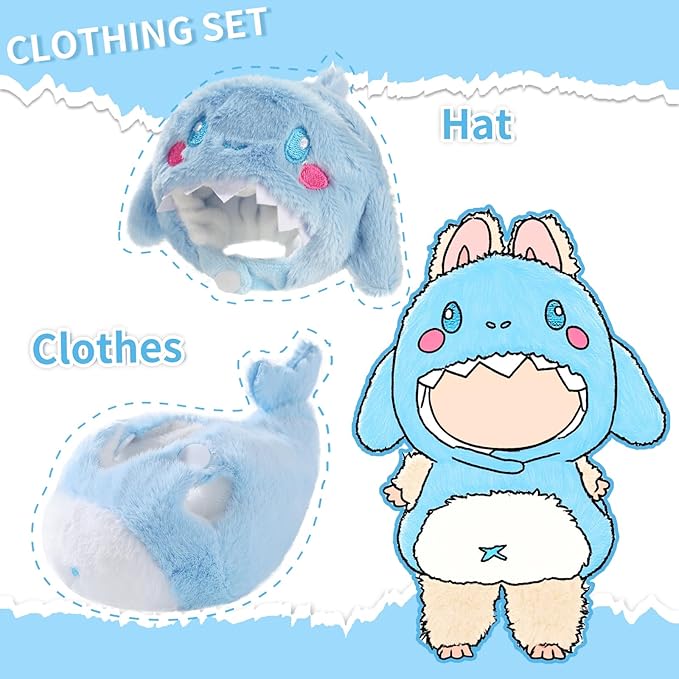 Cute Clothes for Doll Design Outfit Pop Blind Mystery Box Accessories Mart Mini La Boo-Boo Blah Bu Bu BuLafufu Ropa Plush Toy Stuff Dress Overalls Hoodie Pajamas (Blue Whale)