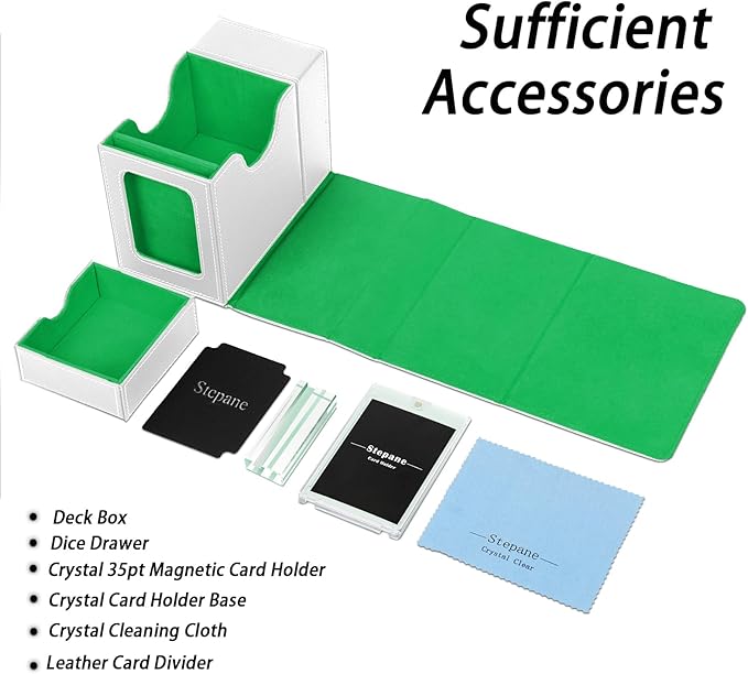 MTG Deck Box for Commander Display with Dice Tower, Fits 100 Double Sleeved Cards for TCG/PTCG, Cards Storage Case with Dice Tray and 35PT Magnetic Card Holder (White/Green)