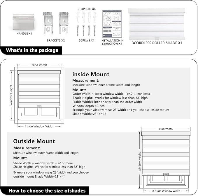 AOSKY Cordless Zebra Blinds for Windows Pull Down Roller Window Shades Dual Layer Light Filtering Privacy for Day and Night, Free-Stop Door Shades for Home Easy to Install (66" W X 72" H, White)